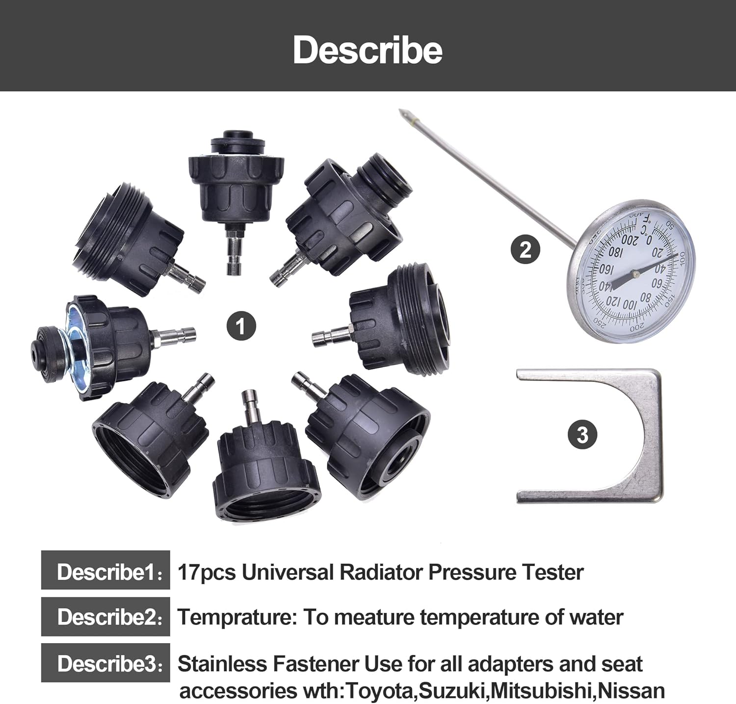 17pcs Radiator Pressure Tester Kit, Vacuum Pump Type Cooling System, Black M7453