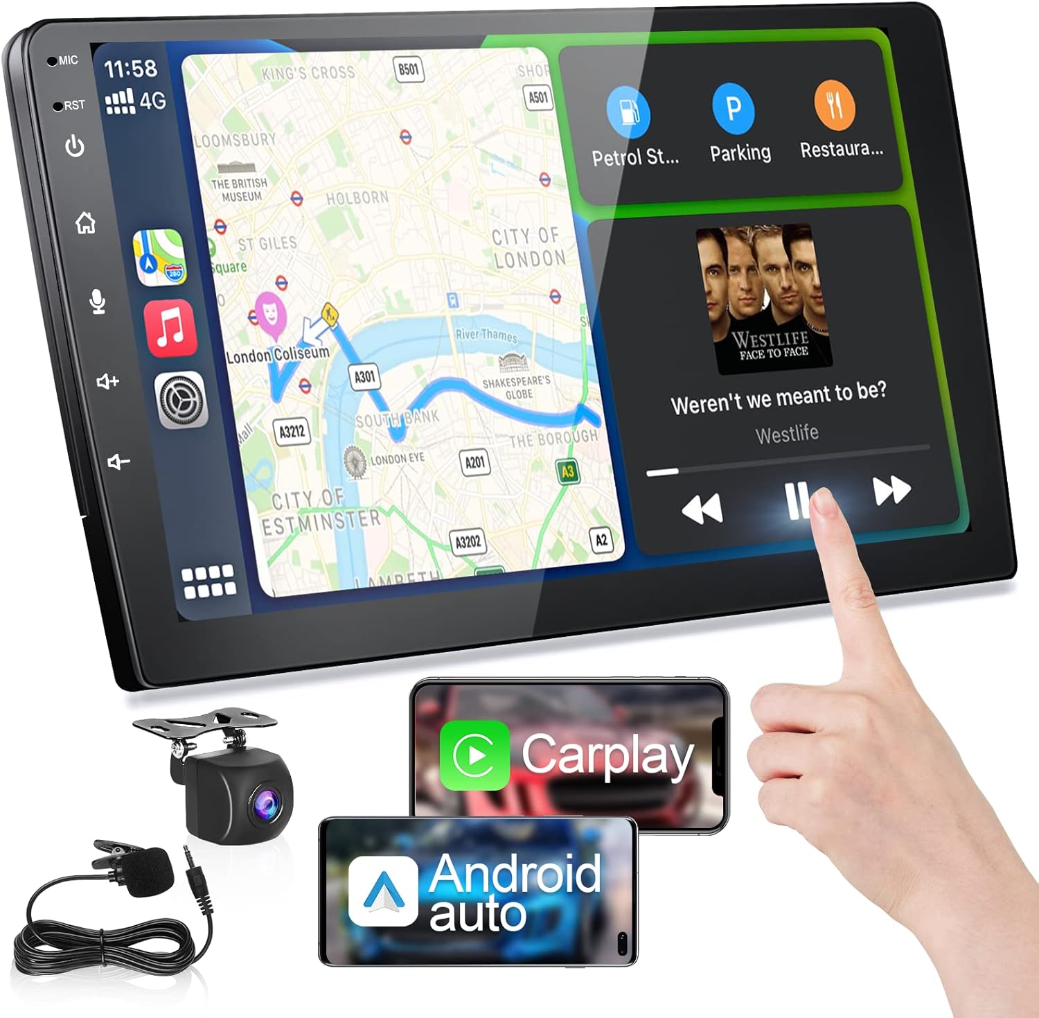 10.1 IPS Touchscreen Car Stereo with Wireless CarPlay Android Auto Bluetooth 5.0 Backup Camera N9318