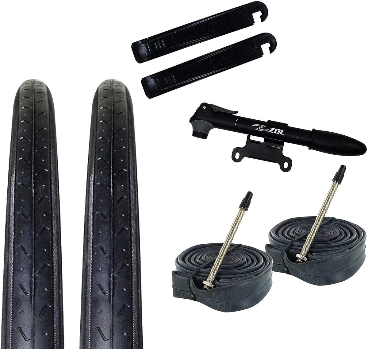 2 Pack Road Tires, 2 Bike Tubes 700x23C Presta/French, 2 Tire Levers and 1 Mini Pump W976063