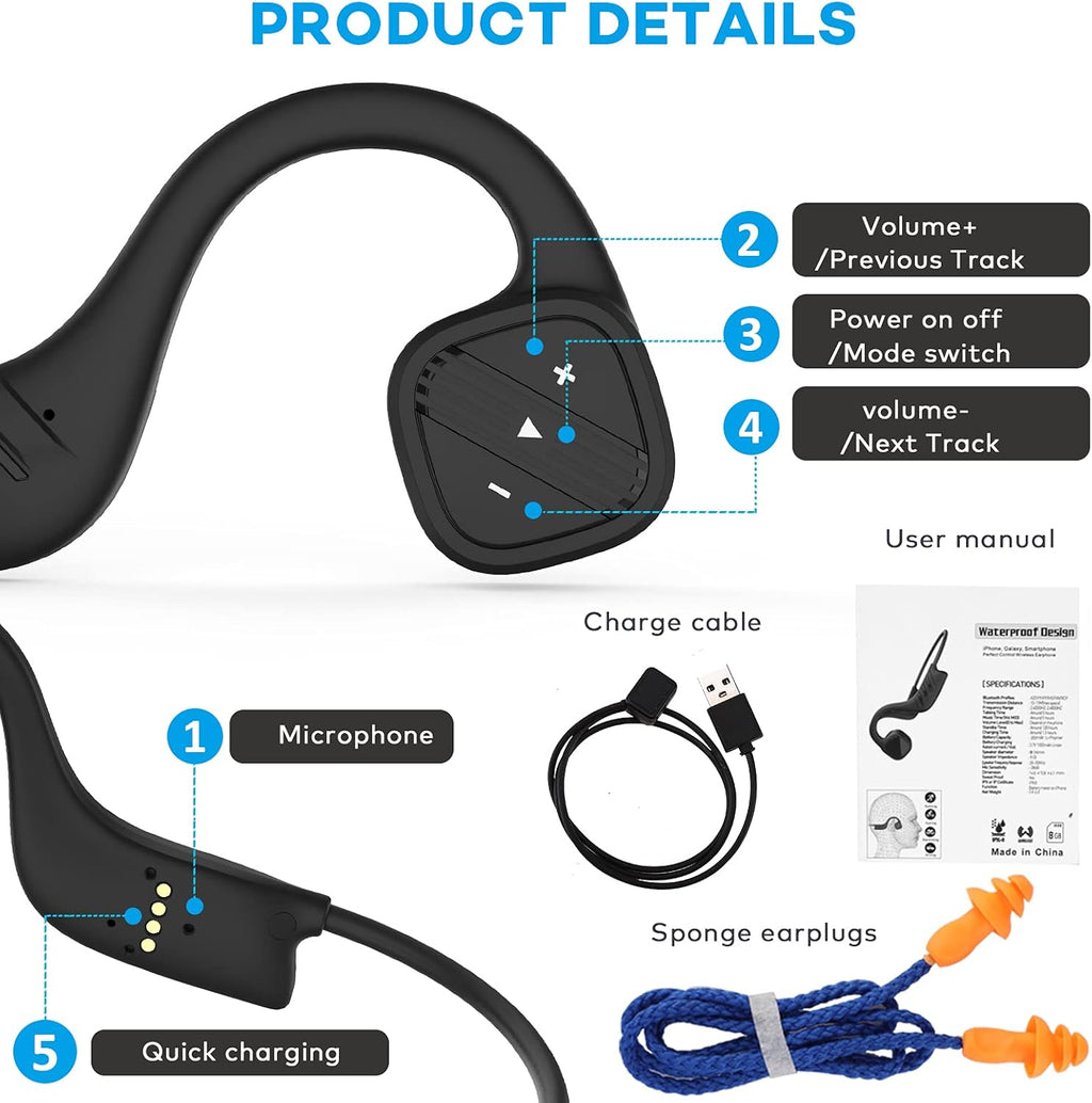 Waterproof Bone Conduction Headphones IPX8 Open-Ear 8GB MP3 Player Wireless Bluetooth Sports Headphones with Noise Cancelling MIC O13174