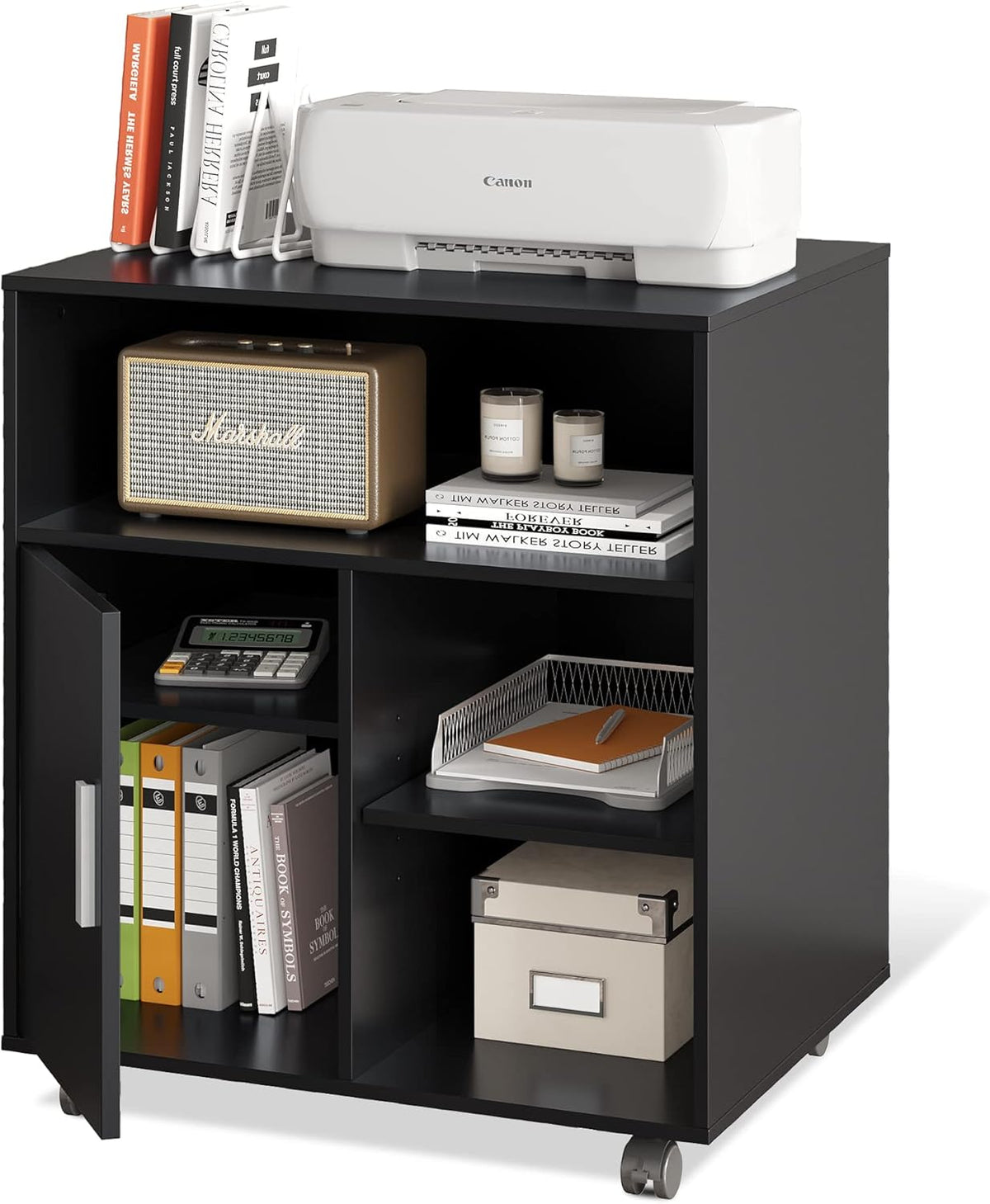 Black Rolling Wood Mobile Printer Stand with Adjustable Shelf Z624