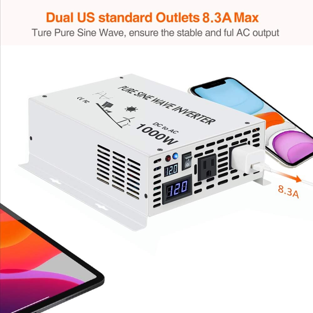 1000 Watt 12V Pure Sine Wave Power Inverter Dual 120V AC Outlets U529116
