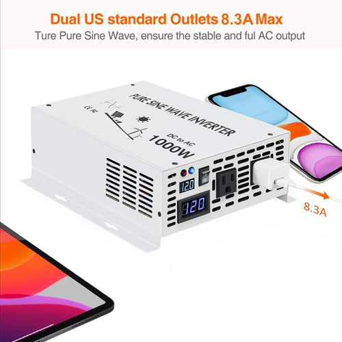 1000 Watt 12V Pure Sine Wave Power Inverter Dual 120V AC Outlets U529116