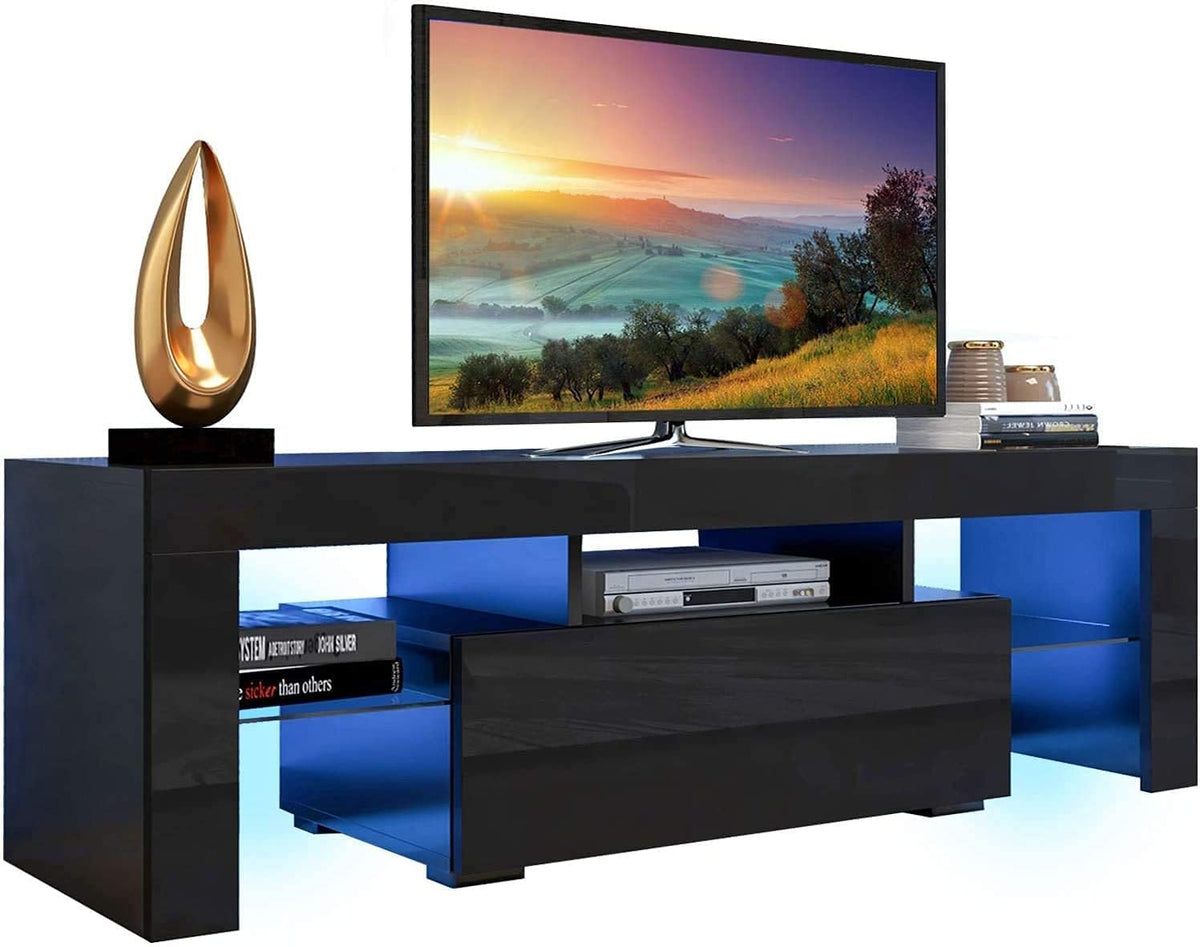 Black TV Stand with LED Lights and Storage Cabinet Shelves Q750595