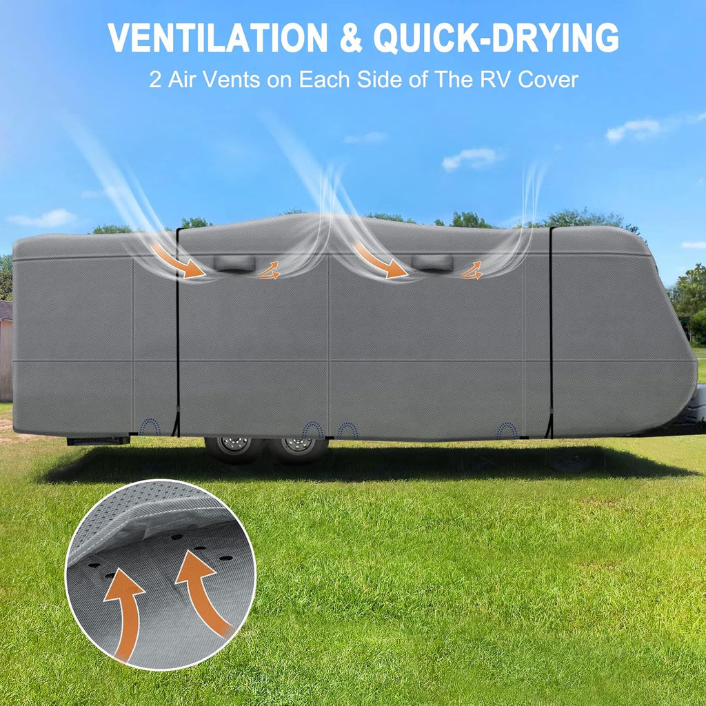 Heavy Duty 6 Layers Travel Trailer RV Cover Anti-UV Camper Cover for 31'7" - 34' Motorhome Breathable Rip-Stop with 2Pcs Extra Straps & Gutter Spout Covers R84082