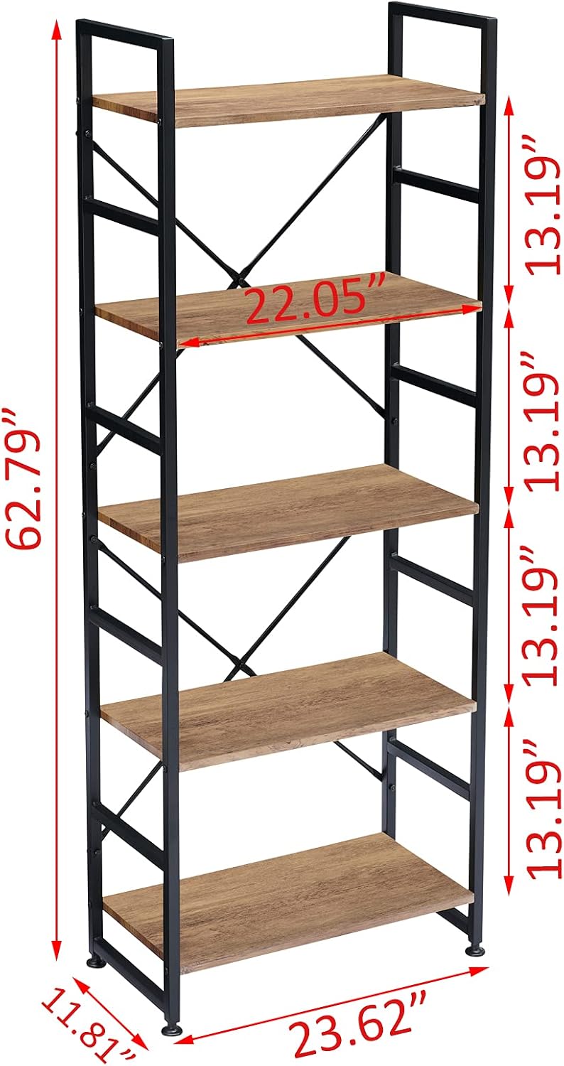 Industrial 5 Tier Wood Bookshelf with Metal Frame R3978