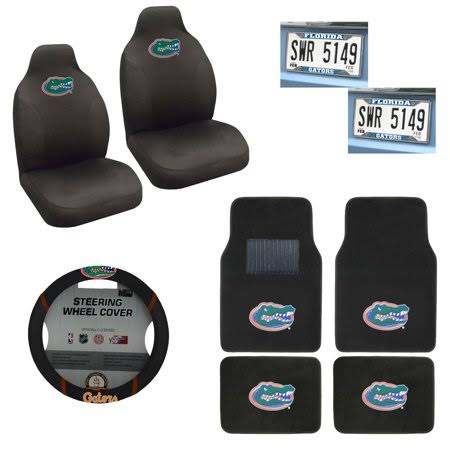 4 PC Carpet Floor Mats with 2 Chrome License Plate and 2 Seat Covers Plus Wheel Cover F963692
