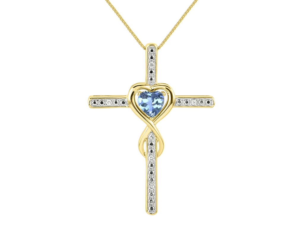 Yellow Gold Plated Silver Cross Necklace with Blue Topaz and Genuine Diamonds B18637