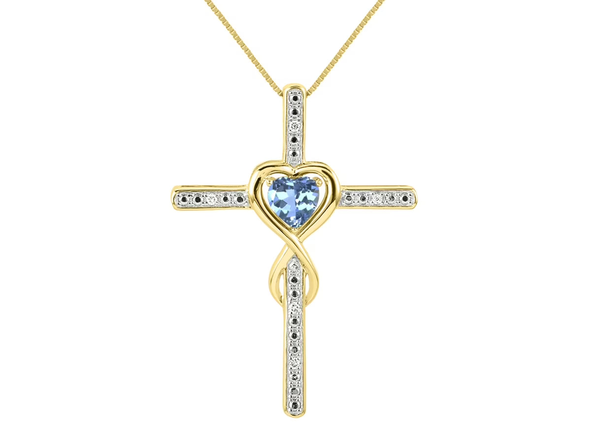 Yellow Gold Plated Silver Cross Necklace with Blue Topaz and Genuine Diamonds B18637
