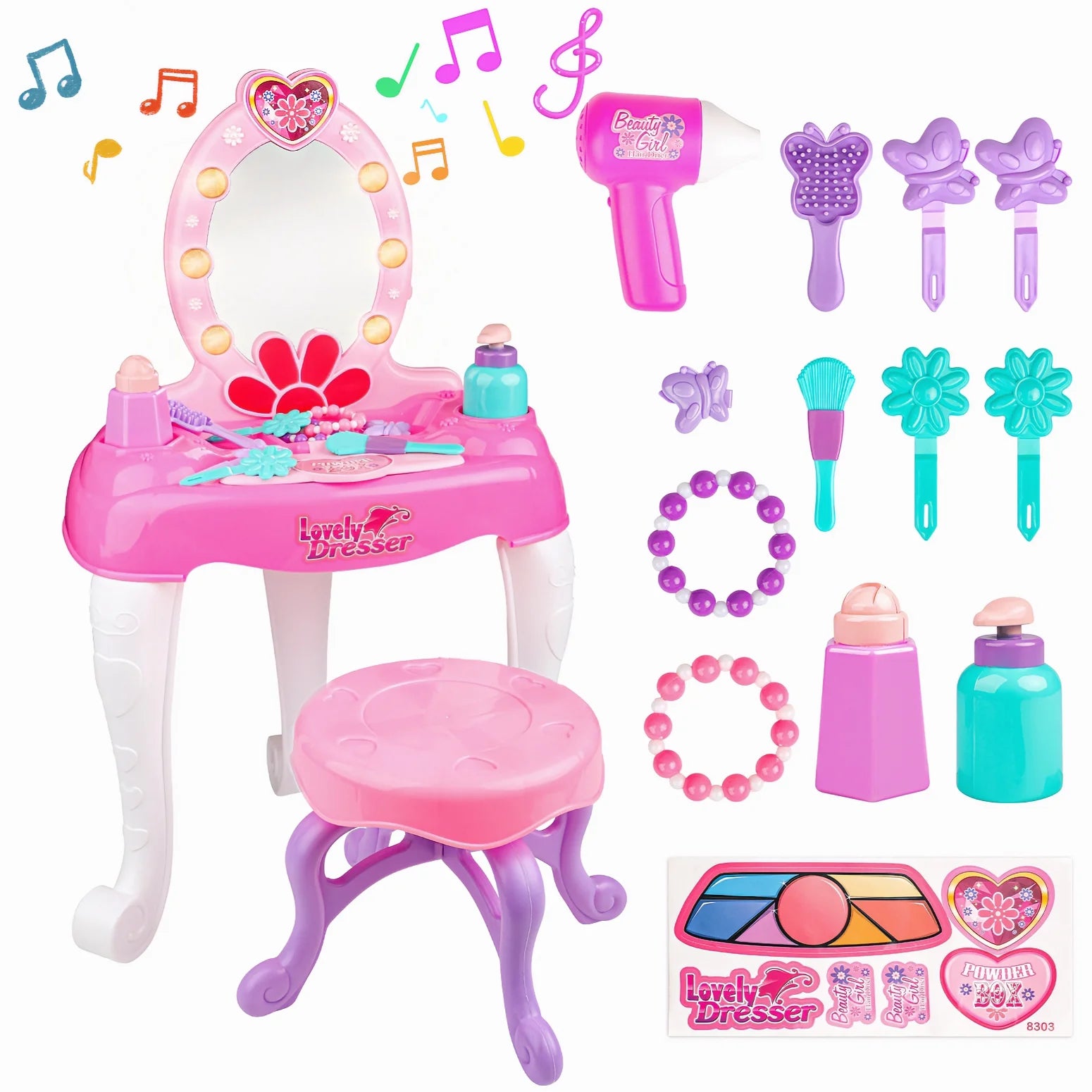 Pink 19 PCS Kids Makeup Vanity Set with Mirror & Music O86756