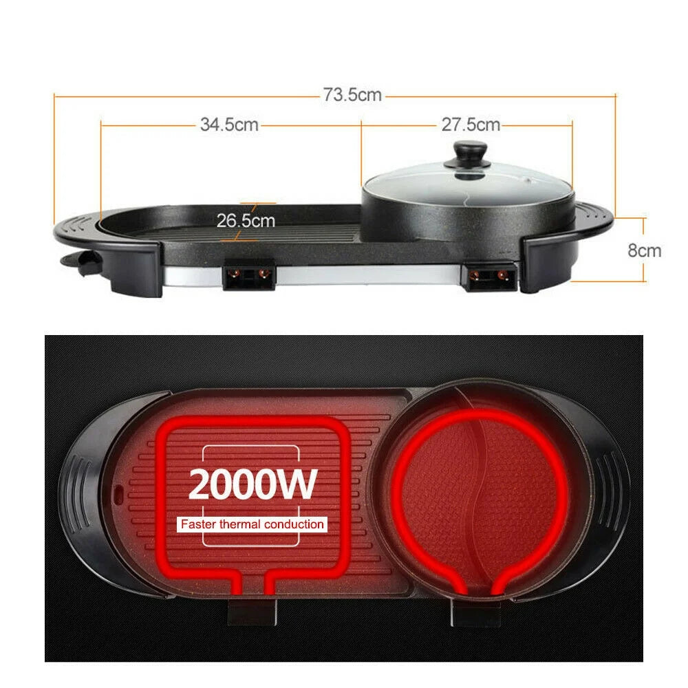 2 in 1 Electric Hot Pot Grill Non-Stick Smokeless Barbecue Pan 1100W V728734