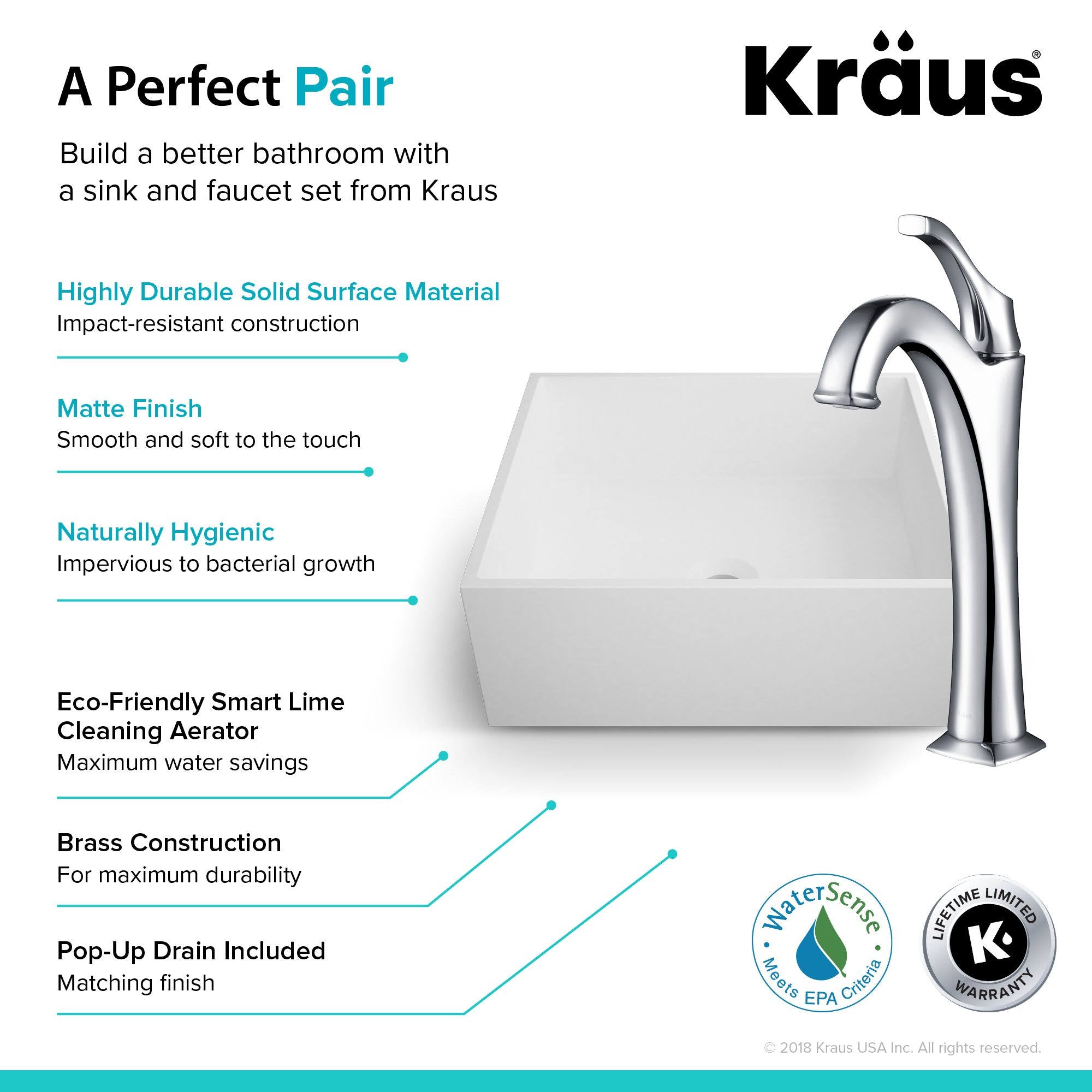 White Matte Solid Surface Square Bathroom Vessel Sink and Faucet Q1411