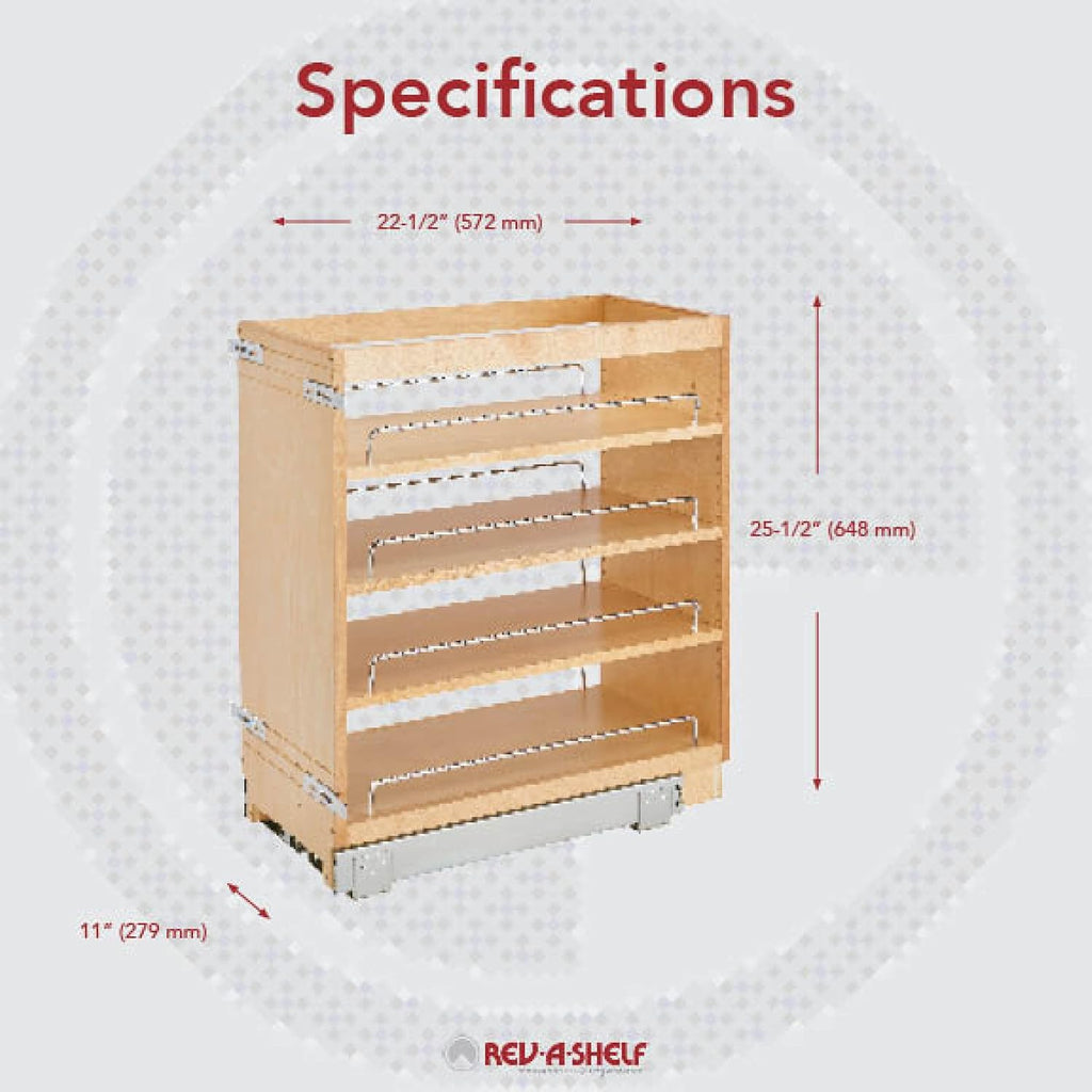 11 Inch Base Cabinet Pullout Storage Organizer with Adjustable Wood Shelves and Chrome Rails A96856