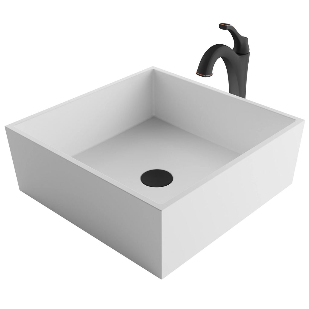 White Matte Solid Surface Square Bathroom Vessel Sink and Faucet Q1411