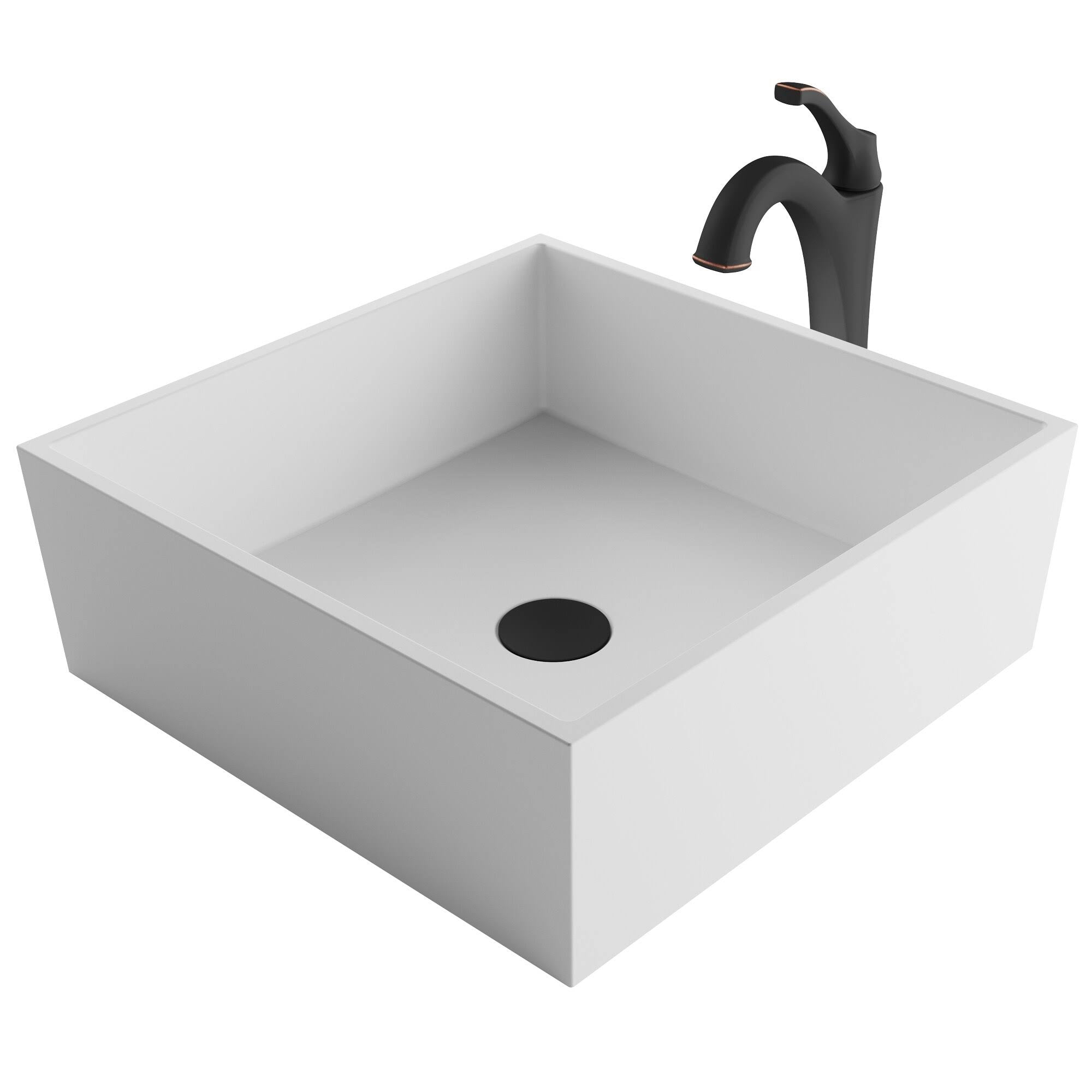 White Matte Solid Surface Square Bathroom Vessel Sink and Faucet Q1411