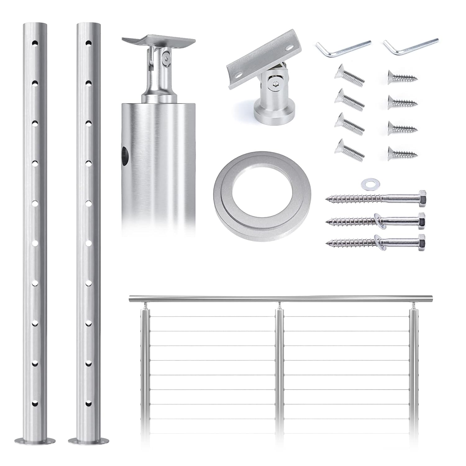 2Pack Stainless Steel Cable Railing Post Round 36x2.36 Surface Mount B8788
