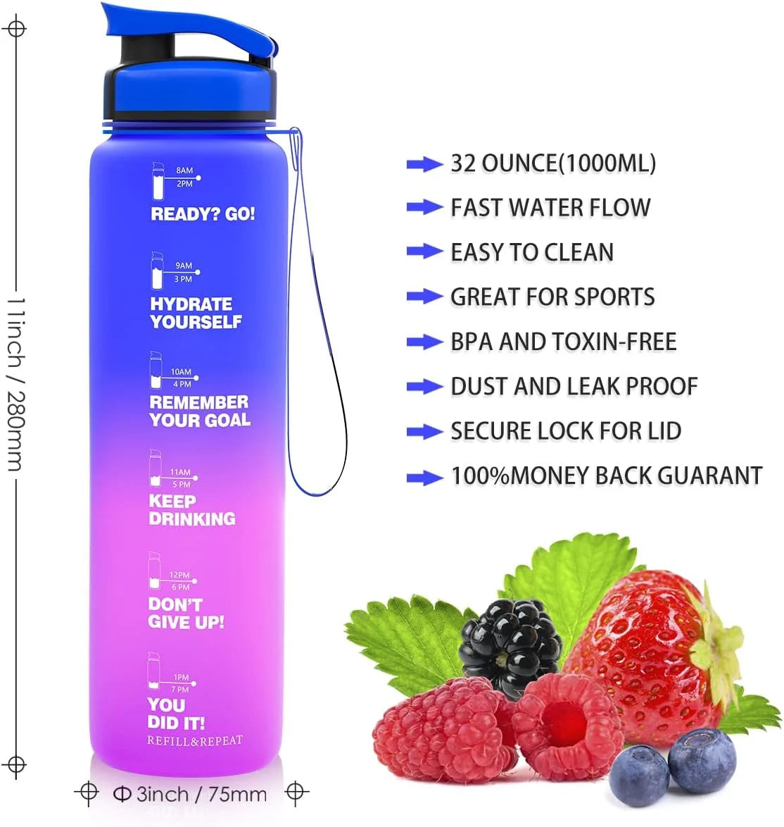 1L Leak Proof BPA Free Reusable Sports Water Bottle E574094