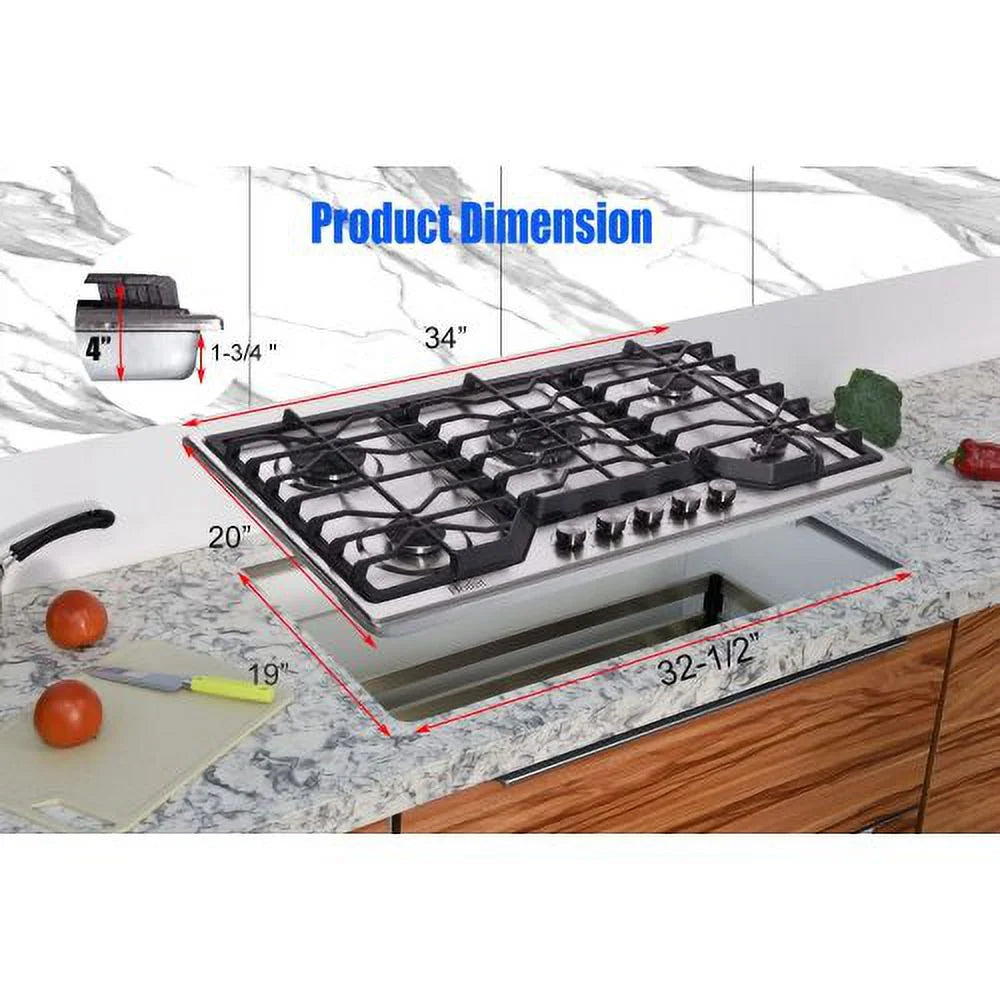 5 Burners 34 inch Gas Cooktop, 36000 BTU Stainless Steel Gas Range Top M9102