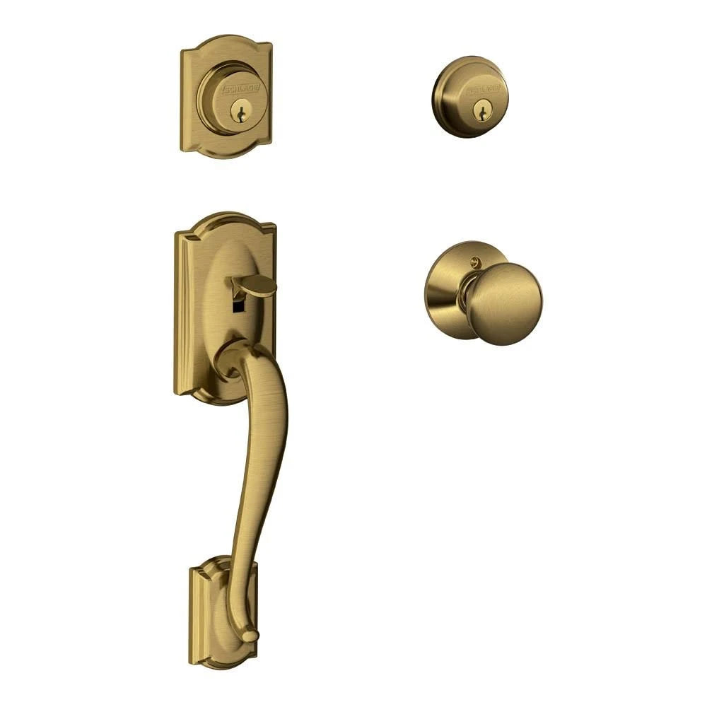Double Cylinder Handleset with Plymouth Interior Knob - Antique Brass P349665