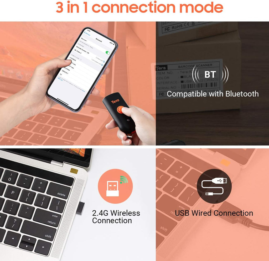 Wireless Barcode Scanner, Waterproof Shockproof Mini Pocket 2D Scanner, Bluetooth 5.0 & USB Wired & 2.4G Bar Code Reader K1749