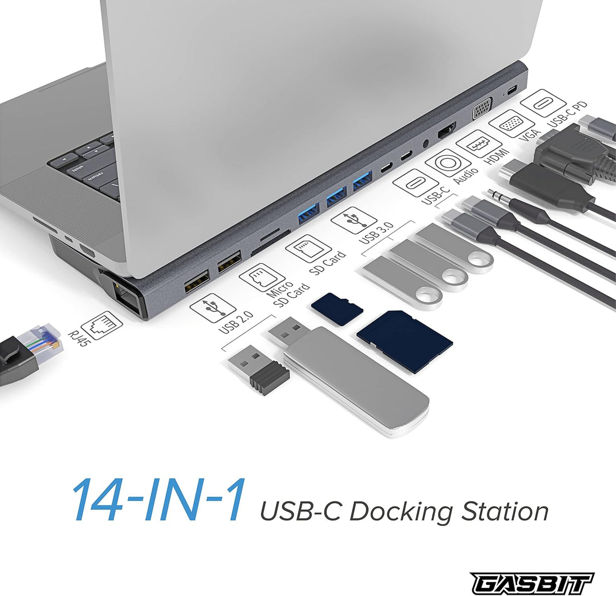 14-in-1 USB C Hub Multiport Adapter with HDMI, VGA, SD Card Reader, Ethernet, USB 3.0, USB-C PD & Audio Jack, Pack of 2 I139725