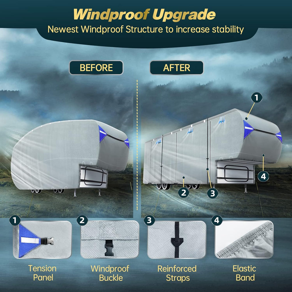 5th Wheel RV Trailer Cover with 4 Tire Covers & Windproof Straps W451495