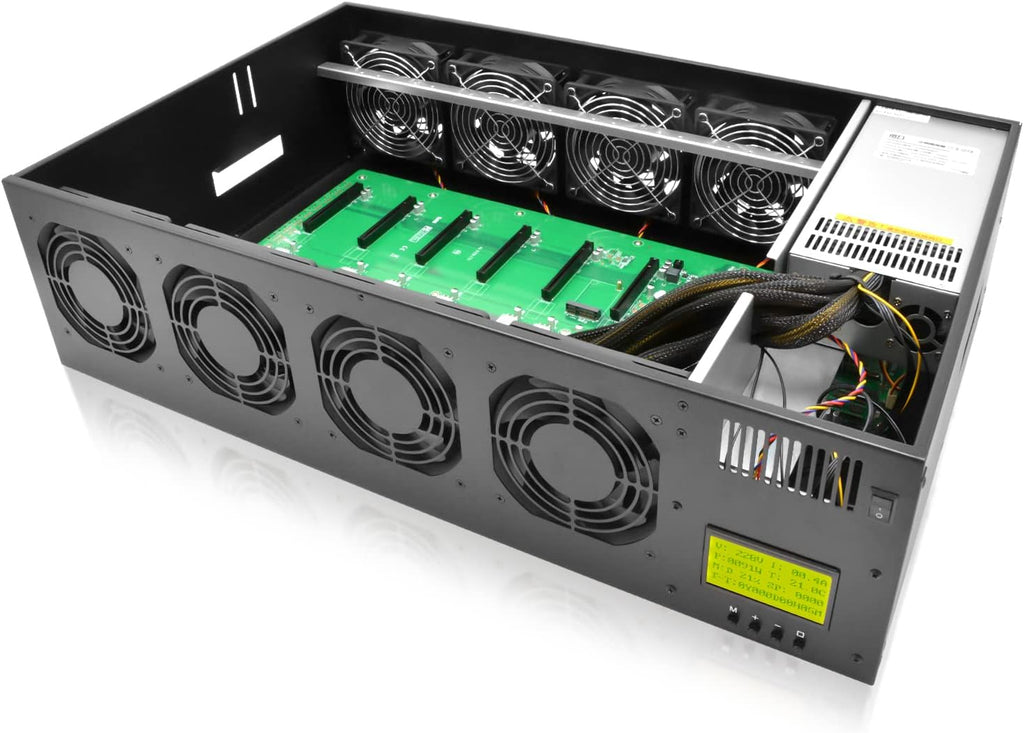 8 GPU Mining Rig Frame Case with Display Screen, 2500W Power Supply, Motherboard, CPU, RAM, SSD, 8 Adjustable Speed Fans N247