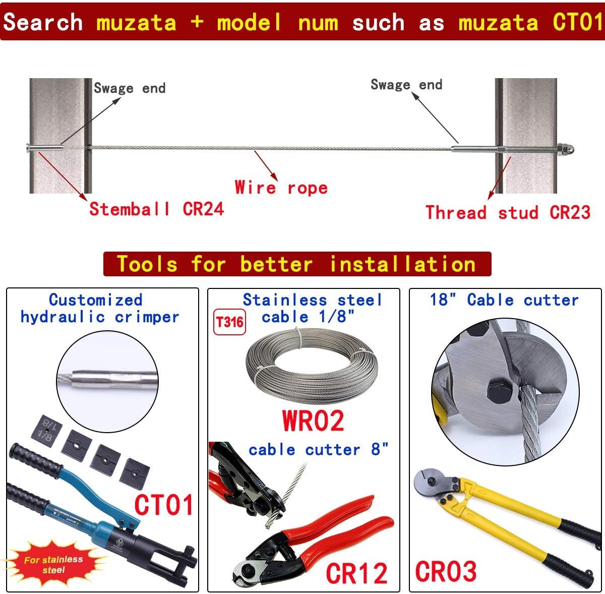 20 Pack 1/8 Cable Railing Kit T316 Stainless Steel Terminal W1981