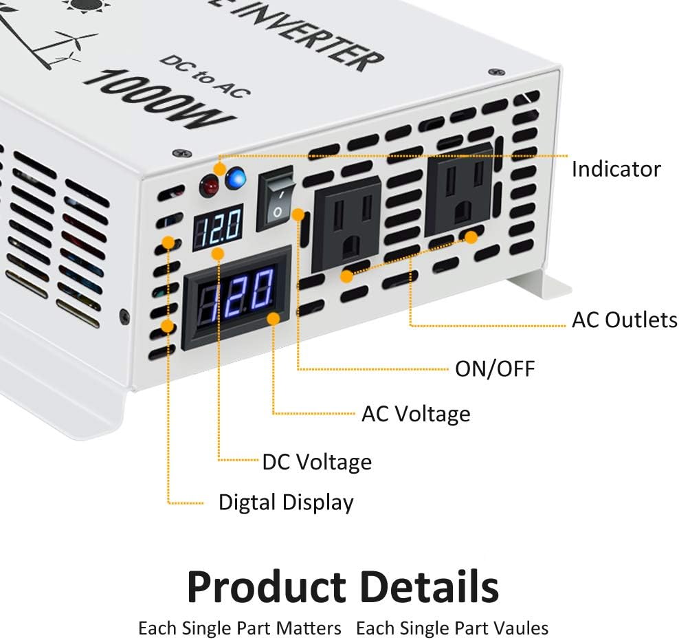 1000 Watt 12V Pure Sine Wave Power Inverter Dual 120V AC Outlets U529116
