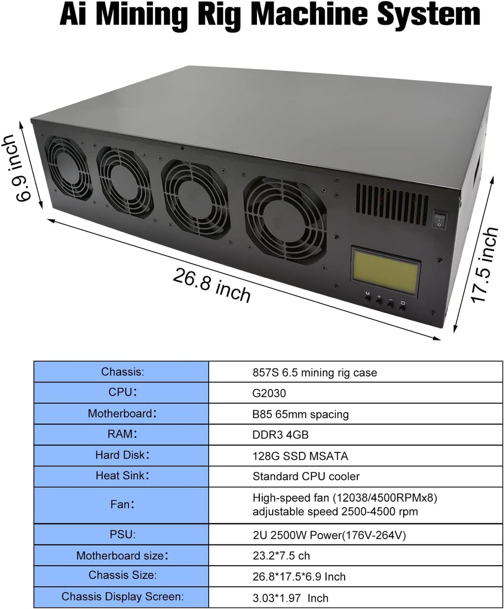 8 GPU Mining Rig Frame Case with Display Screen, 2500W Power Supply, Motherboard, CPU, RAM, SSD, 8 Adjustable Speed Fans N247