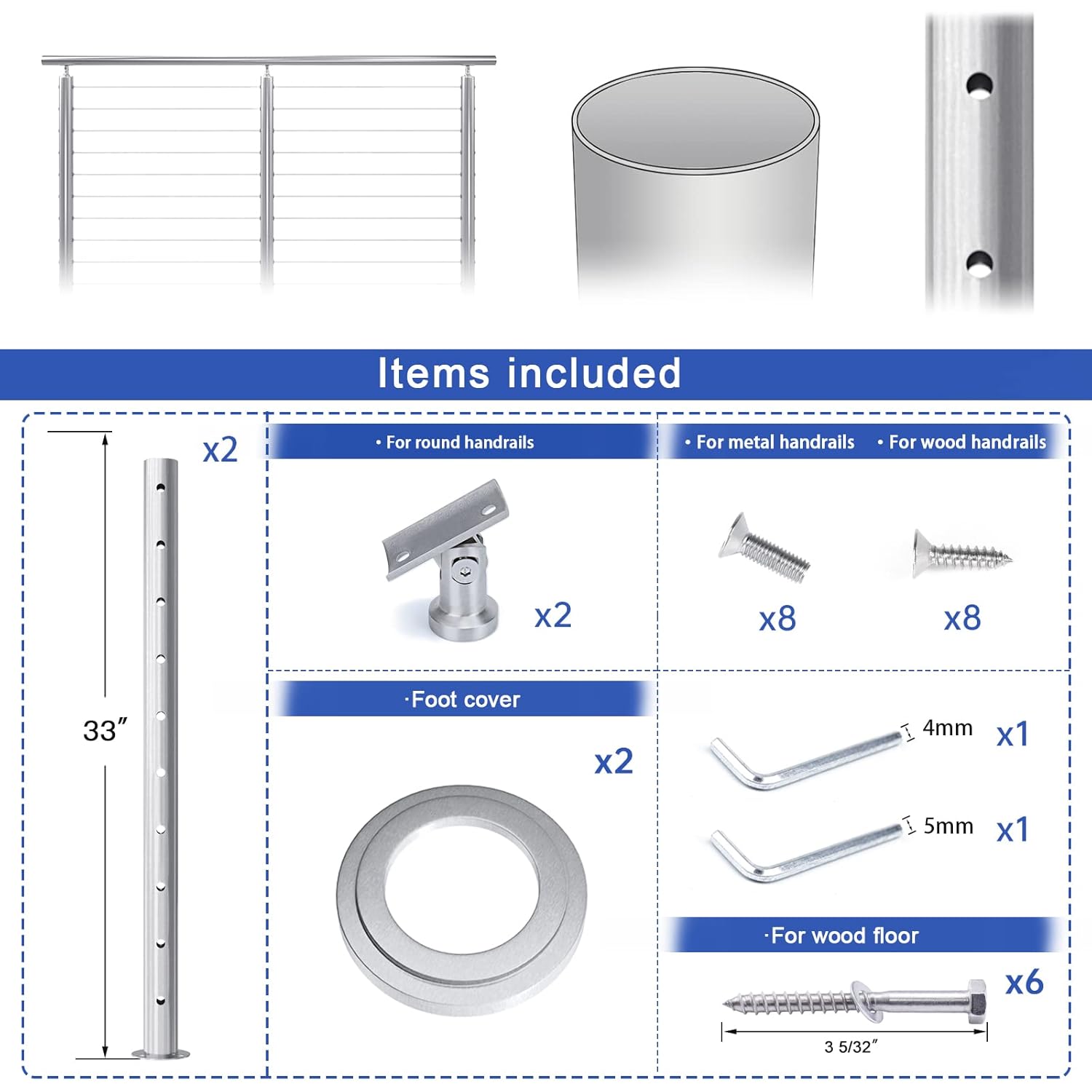 2Pack Stainless Steel Cable Railing Post Round 36x2.36 Surface Mount B8788