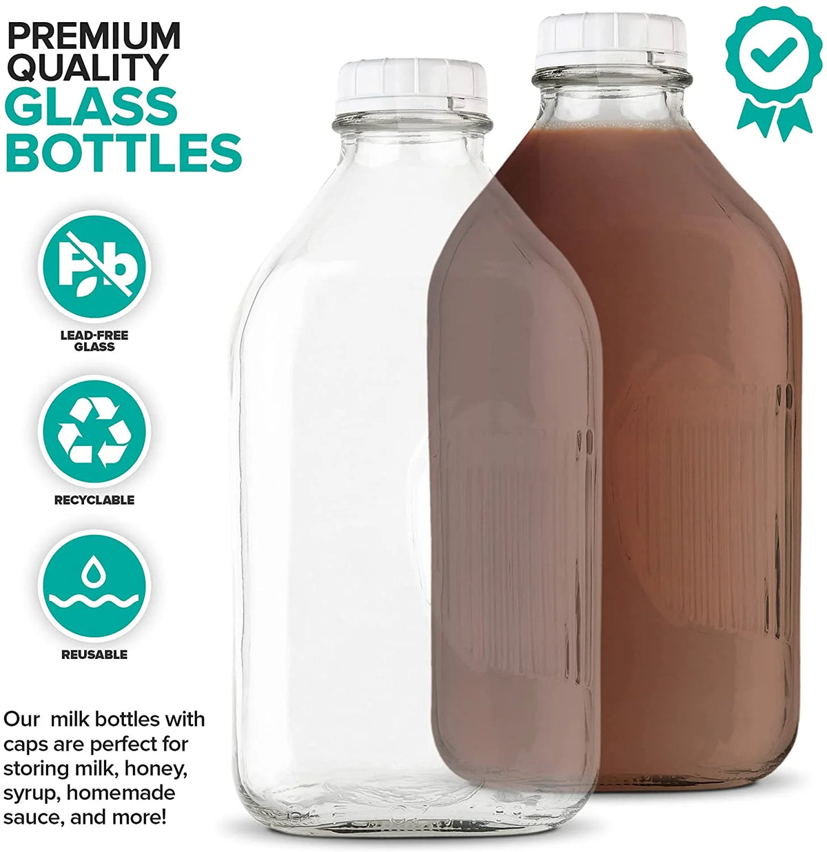 64-Oz Glass Milk Bottles with 3 White Caps, Dishwasher Safe I429