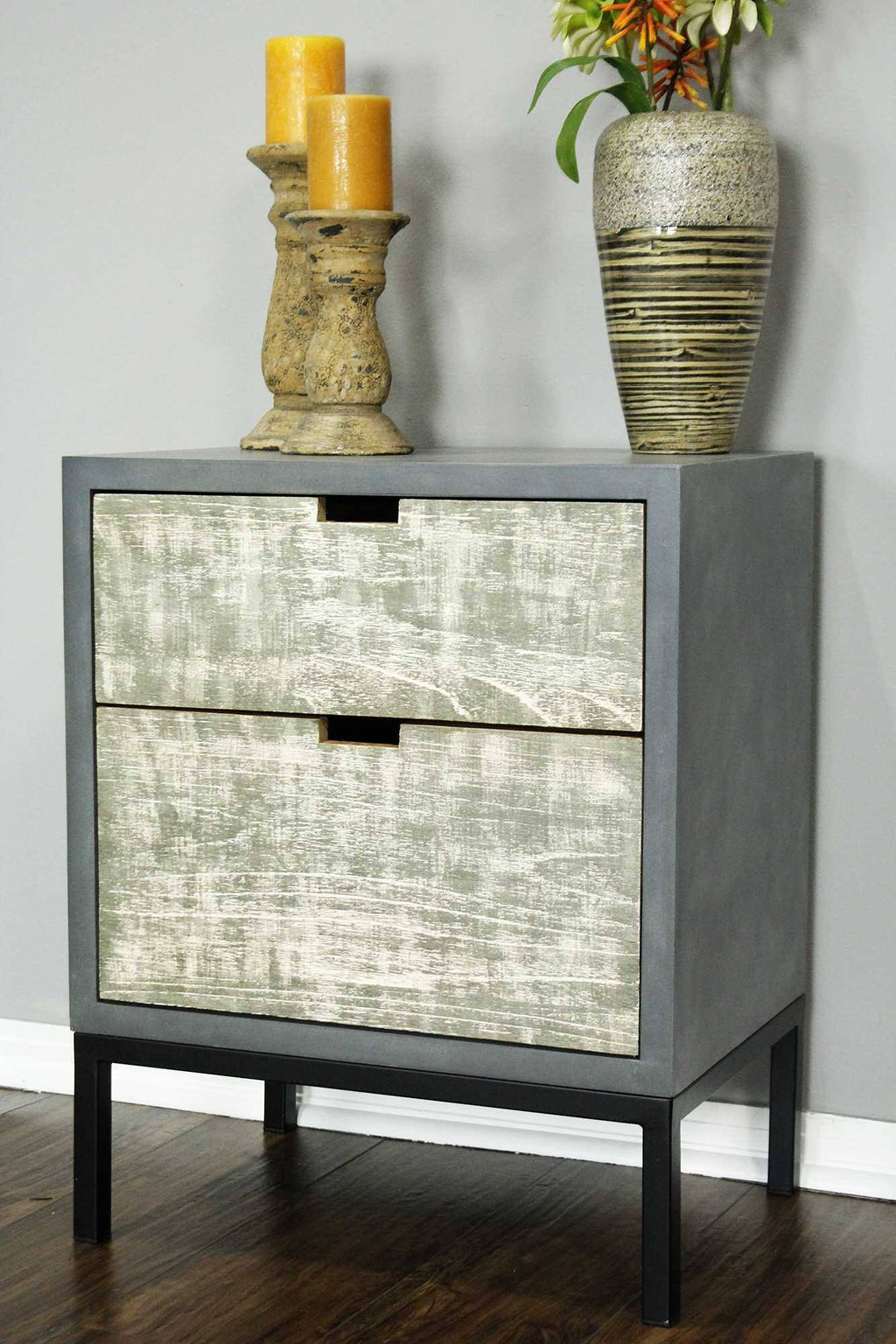 Distressed Gray Iron Accent Cabinet with 2 Wood Drawers X349455