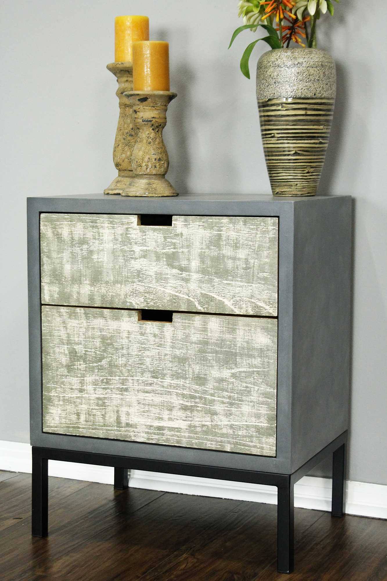 Distressed Gray Iron Accent Cabinet with 2 Wood Drawers X349455