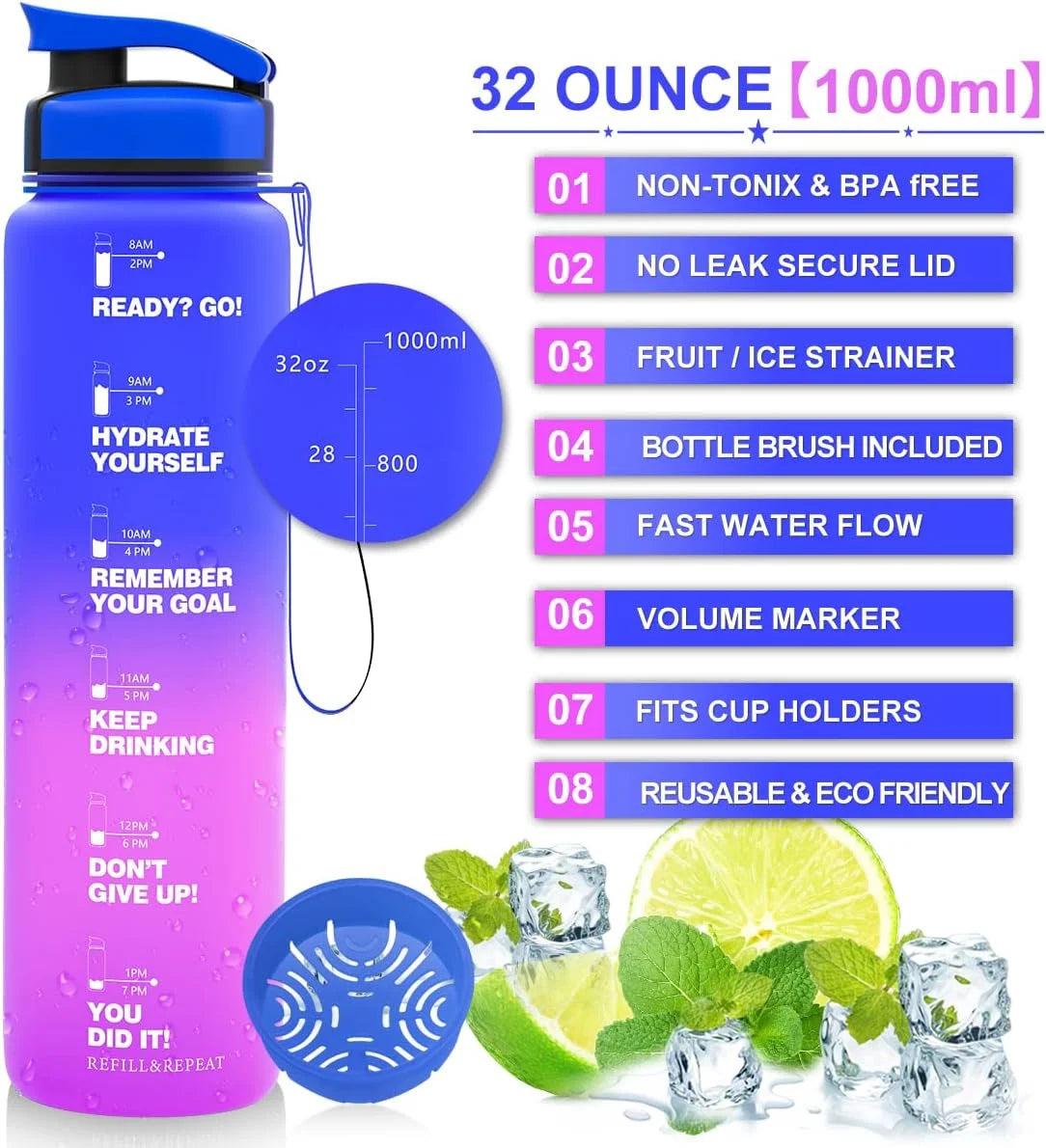 1L Leak Proof BPA Free Reusable Sports Water Bottle E574094