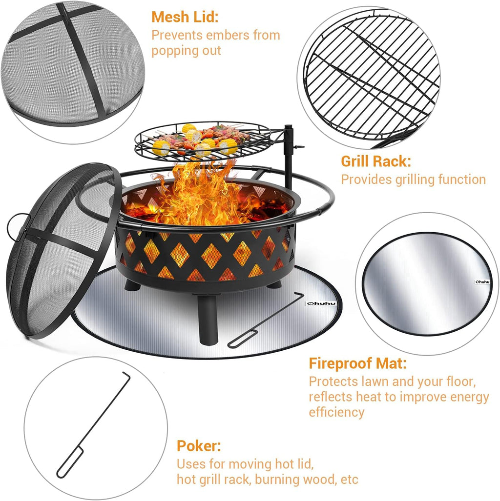 30 Inch Wood Burning Fire Pit with Cooking Grate, Mesh Lid & Poker M386