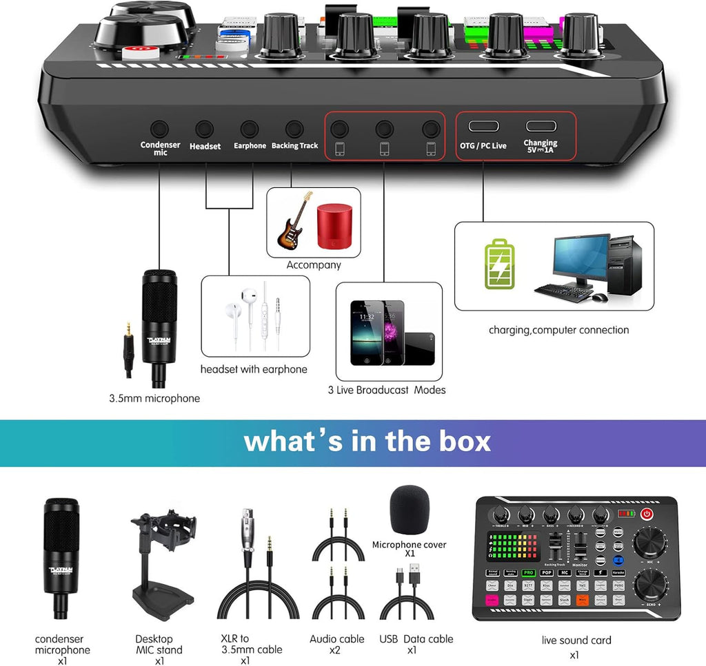 Podcast Equipment Bundle with XLR Microphone Audio Interface Mixer F66368