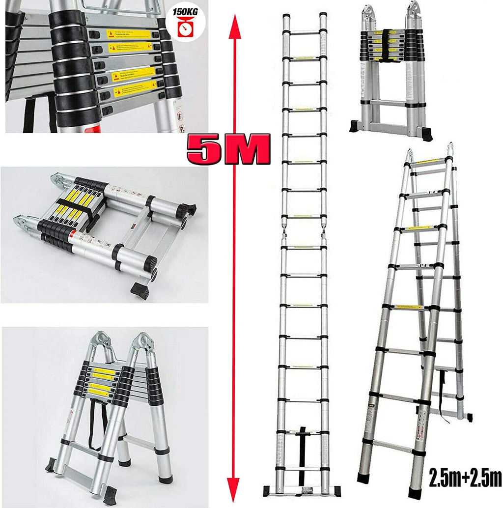 Telescoping Aluminum Extension Ladder with Stabilizer Bar 16.5FT A-Frame Ladder 330 Lb Capacity M3162