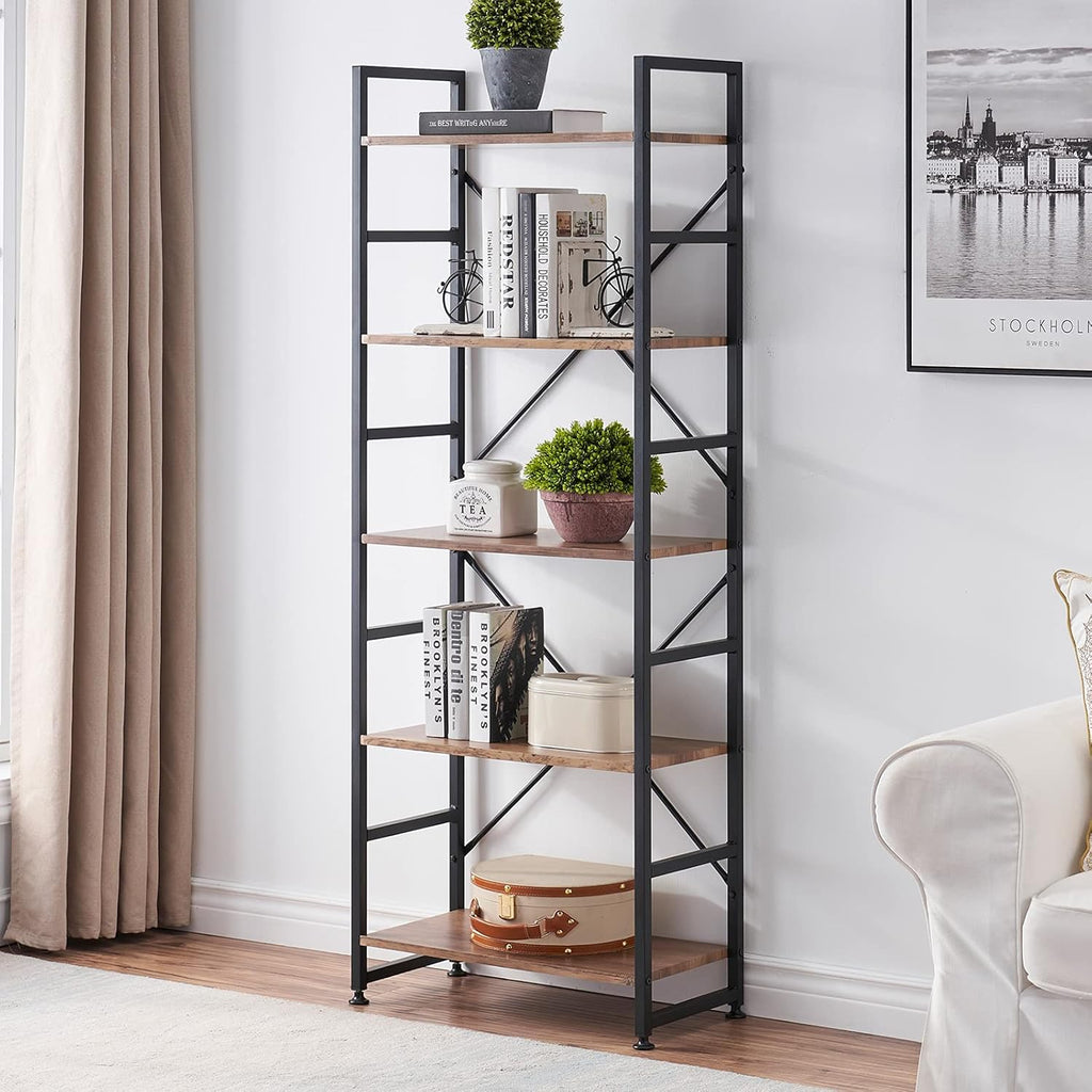 Industrial 5 Tier Wood Bookshelf with Metal Frame R3978
