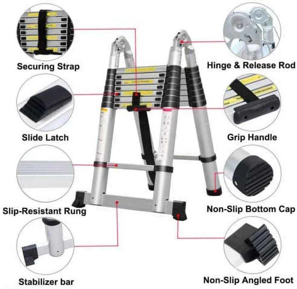 Telescoping Aluminum Extension Ladder with Stabilizer Bar 16.5FT A-Frame Ladder 330 Lb Capacity M3162