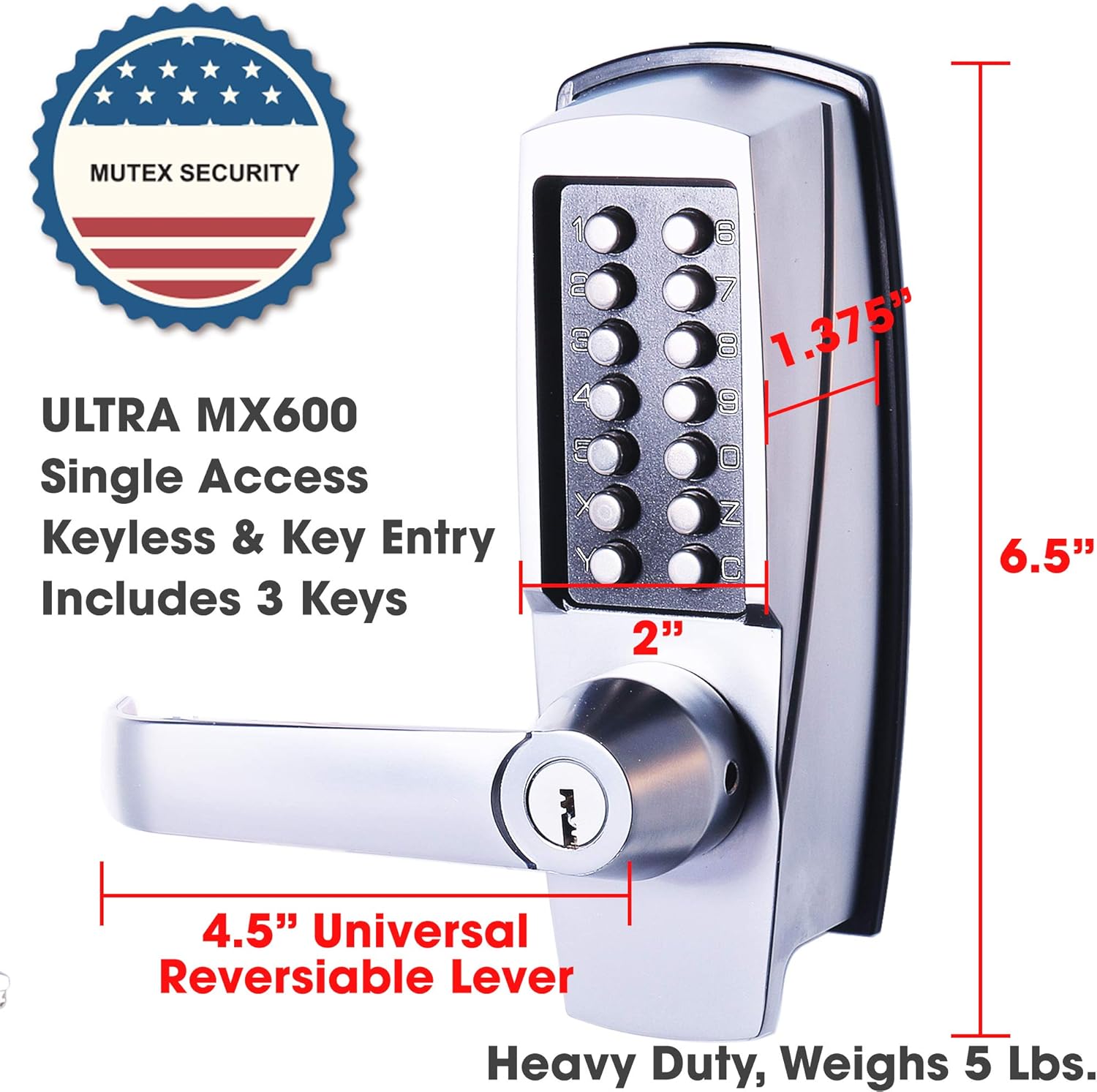 MX600 Mechanical Push Button Lever Lock, 60mm Backset Latch, 13 Digit Keypad, Satin Chrome A14475