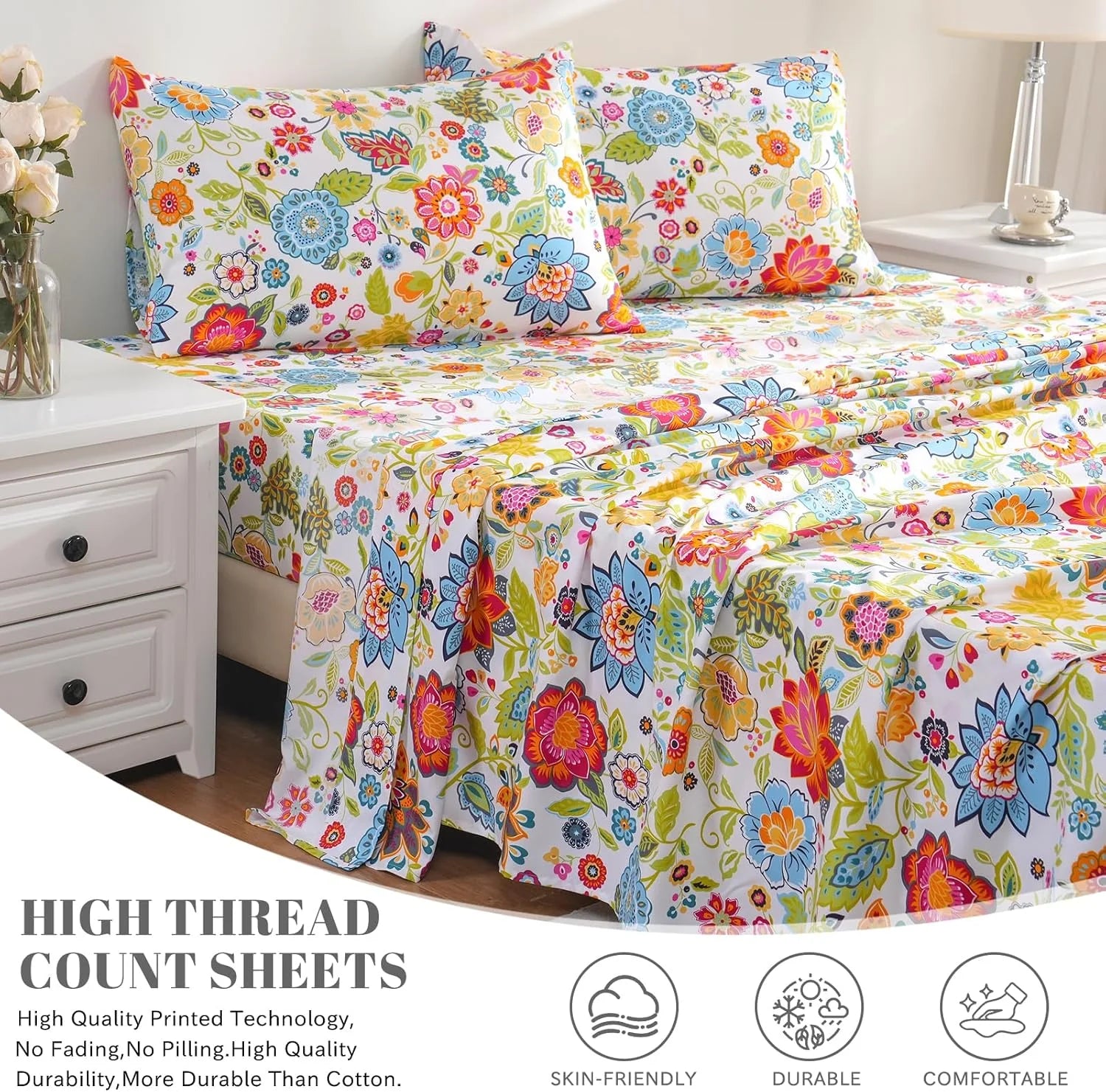 Queen Size 4 Piece Microfiber Floral Bed Sheets E190