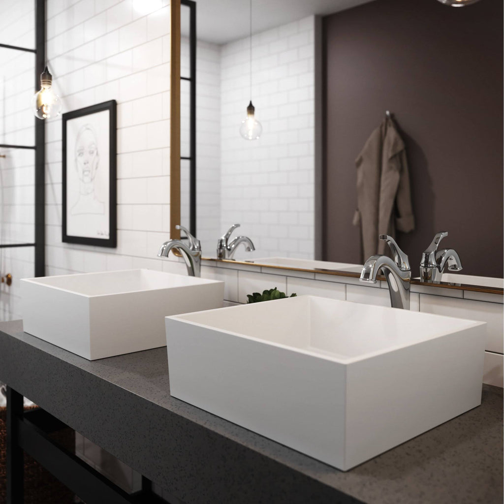 White Matte Solid Surface Square Bathroom Vessel Sink and Faucet Q1411