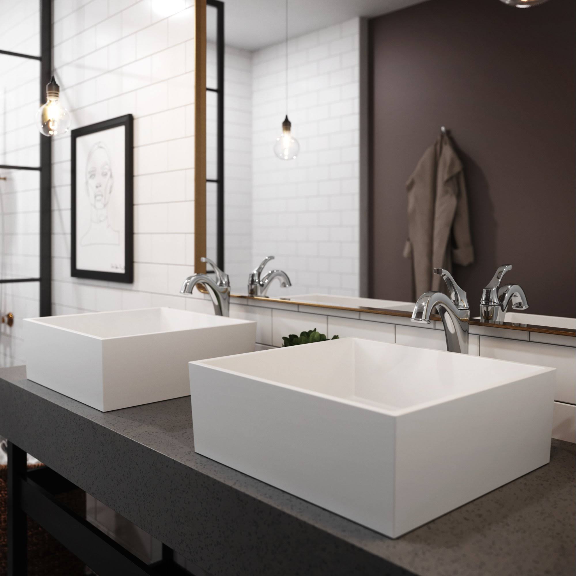 White Matte Solid Surface Square Bathroom Vessel Sink and Faucet Q1411