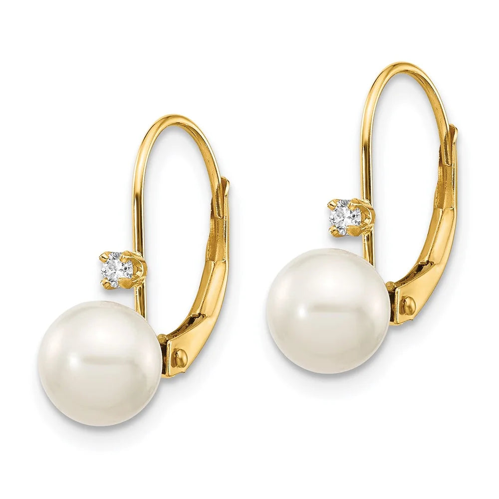 14kt Yellow Gold FW Cultured Pearl Diamond Leverback Earrings Y8428