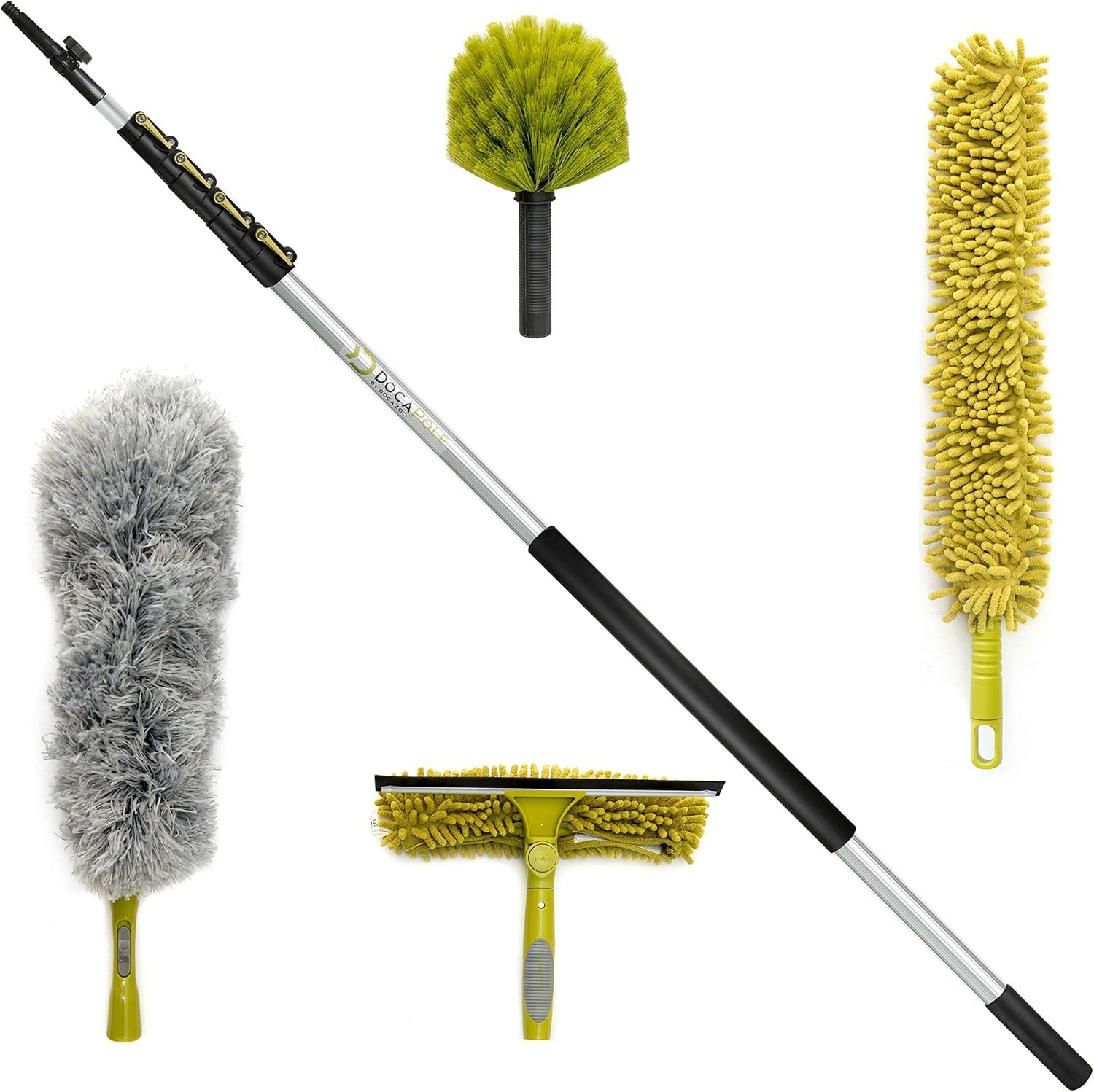 30 ft Reach Cleaning Kit with Telescoping Extension Pole, 3 Dusting Attachments, Window Squeegee & Washer, Cobweb Duster, Microfiber Feather Duster Z59658