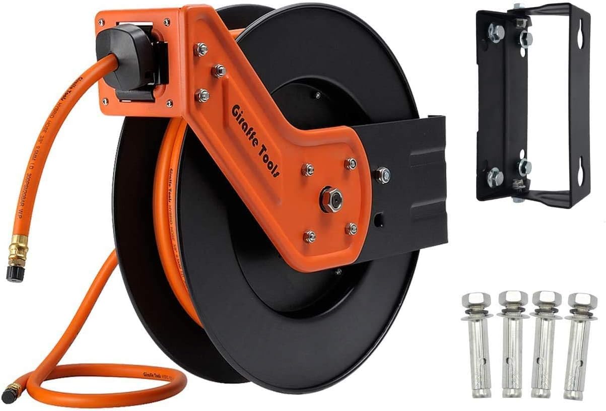 Retractable Air Hose Reel with 3/8 in. x 25 ft Hybrid Hose, 300 PSI Wall Mounted, Pack of 2 S6484