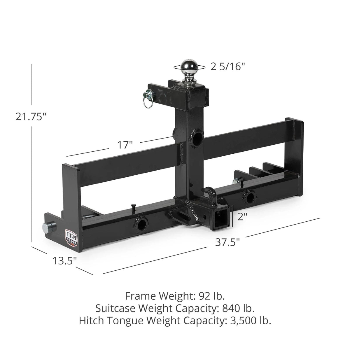 3 Point Hitch Receiver with Suitcase Rack, Cat 1/Cat 2, 3,500 lb Tongue Capacity H21152