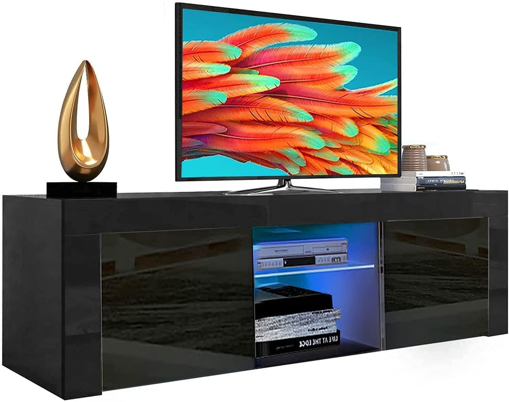 Black TV Stand with LED Lights and Storage Cabinet Shelves Q750595