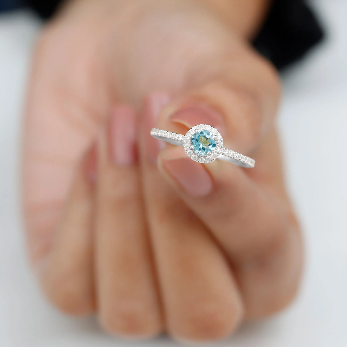 10K White Gold Aquamarine Ring with Diamond Halo F3108